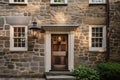 colonial house exterior with stone wall, wooden door, and lantern