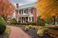 colonial house nestled in fall colors, with brick path Royalty Free Stock Photo