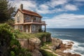 colonial house perched on the edge of a cliff, with views of the ocean in the background