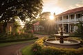 colonial house, with view of manicured garden and fountain, during sunset Royalty Free Stock Photo