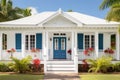 colonial house, white exterior and blue central front door