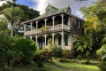 colonial house with wrap-around porch, offering a view of the garden