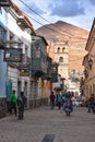 Colonial streets with the backdrop of the Cerro Rico mountain, in Potosi, Bolivia