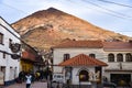 Colonial streets with the backdrop of the Cerro Rico mountain, in Potosi, Bolivia