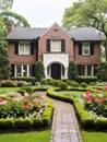 Colonial style brick family house exterior with black roof tiles. Beautiful front yard with lawn and flower bed Royalty Free Stock Photo