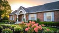 Colonial style brick family house exterior with black roof tiles. Beautiful front yard with lawn and flower bed. Created with Royalty Free Stock Photo