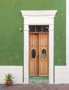 Colonial style facade with door, Campeche city, Mexico Royalty Free Stock Photo