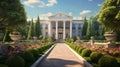 A colonial-style mansion with a grand staircase and white columns.