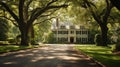 A colonial-style mansion with a long driveway lined with oak trees. Royalty Free Stock Photo