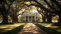 A colonial-style mansion with a long driveway lined with oak trees. Royalty Free Stock Photo