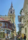 Colonial Style Street at Historic Center in Cartagena de Indias Royalty Free Stock Photo