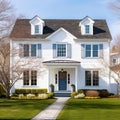 Colonial style white wooden cladding family house exterior. Beautiful front yard landscaping design with lawn and flower bed. Royalty Free Stock Photo