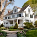 Colonial style white wooden cladding family house exterior. Beautiful front yard landscaping design with lawn and flower bed. Royalty Free Stock Photo