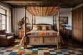 a colonial-style wooden four-poster bed with a patchwork quilt and vintage bedside table