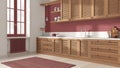 Colonial wooden kitchen in white and red tones. Cabinets with shutters and rattan drawers, sink and gas hob, pottery and decors.