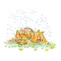 Colonies of flies fly over leftover food on the ground. Stack unsorted trash in grass. Rotting rubbish in land and flies flying