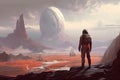 colonist, exploring the red planet& x27;s barren landscape, with distant views of futuristic city in the background Royalty Free Stock Photo
