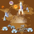 Colonization of Mars: rocket, spaceship, spaceport, planets