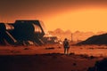 Colonization of planet Mars, resource extraction, scientific research base. Red planet, astronaut cosmonaut is engaged in research