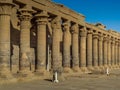 A colonnade of ancient Egyptian columns at Philae Temple Royalty Free Stock Photo