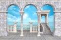 Colonnade with balustrade and portico, arches and stucco with sea view - illustration 3D rendering