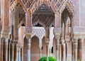 Colonnade of Courtyard of the Lions in day time. Alhambra