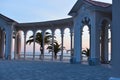 Colonnade fence on the sea. square with a castle with columns at sunset. tourist place in the Caucasus in Gagra