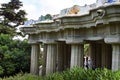 The colonnade Hipostila Room, Hall of Columns with 86 inclined columns. Parc Guell, Barcelona, Spain. Royalty Free Stock Photo