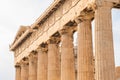 Colonnade with marble ancient columns of Parthenon temple on the Acropolis in Athens, Greece. Popular travel destination