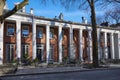 This Colonnade Row of brick houses with white wood columns is at 43 to 49 Willow Place in Brooklyn Heights, Brooklyn, NY Royalty Free Stock Photo