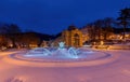Colonnade with Singing fountain in winter under snow - Marianske Lazne (Marienbad) Royalty Free Stock Photo