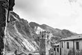 Colonnata, Carrara, Tuscany, Italy. Bell tower of the church built with white marble pebbles