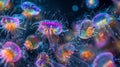 A colony of colorful dinoflagellates each cell equipped with a long hairlike tentacle used for capturing prey and