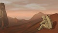 Colony on Mars. Astronaut sitting on Mars and admiring the scenery. Exploring Mission To Mars. Futuristic Colonization