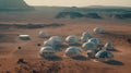 Colony on mars like planet. Glass domes in a middle of desert of Mars. Futuristic agricultural community. Generative AI