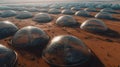 Colony on mars like planet. Glass domes in a middle of desert of Mars. Futuristic agricultural community. Generative AI