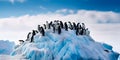 colony of penguins huddled together on an iceberg, with a blue sky and floating icebergs in the background. Generative