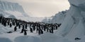 A colony of penguins huddling together on a snowy cliffside, concept of Social community behavior, created with