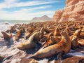 Colony Of South American Sea Lion (Otaria flavescens) Made With Generative AI illustration