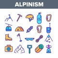 Color Alpinism And Mountaineering Equipment Vector Linear Icons Set Royalty Free Stock Photo