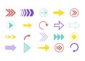 Color arrows set. Arrows direction symbols. Icons of up, down, right, next, cursor, back, left, circle, rewind, repeat, forward,