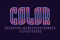 Color artistic display font. Contour orange blue purple letters, numbers and currency signs. Isolated vector english alphabet