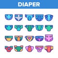 Color Baby Absorbent Diapers Vector Linear Icons Set