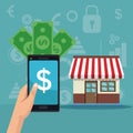 Color background analytics investment with hand holding a smartphone with bills and store house