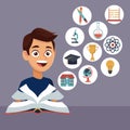 Color background with boy student with book in learning with elements school icons floating