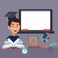 Color background with chalk board and boy student with book and cap graduation with elements school
