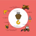 Color background circular frame with crane hook and tools for construction around Royalty Free Stock Photo