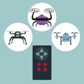 Color background with circular frame set icons of quadrocopters and drones with closeup remote control with buttons Royalty Free Stock Photo