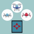 Color background with circular frame set icons of quadrocopters and drones with closeup remote control of tech device