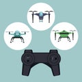 Color background with circular frame set icons of quadrocopters and drones with closeup remote control